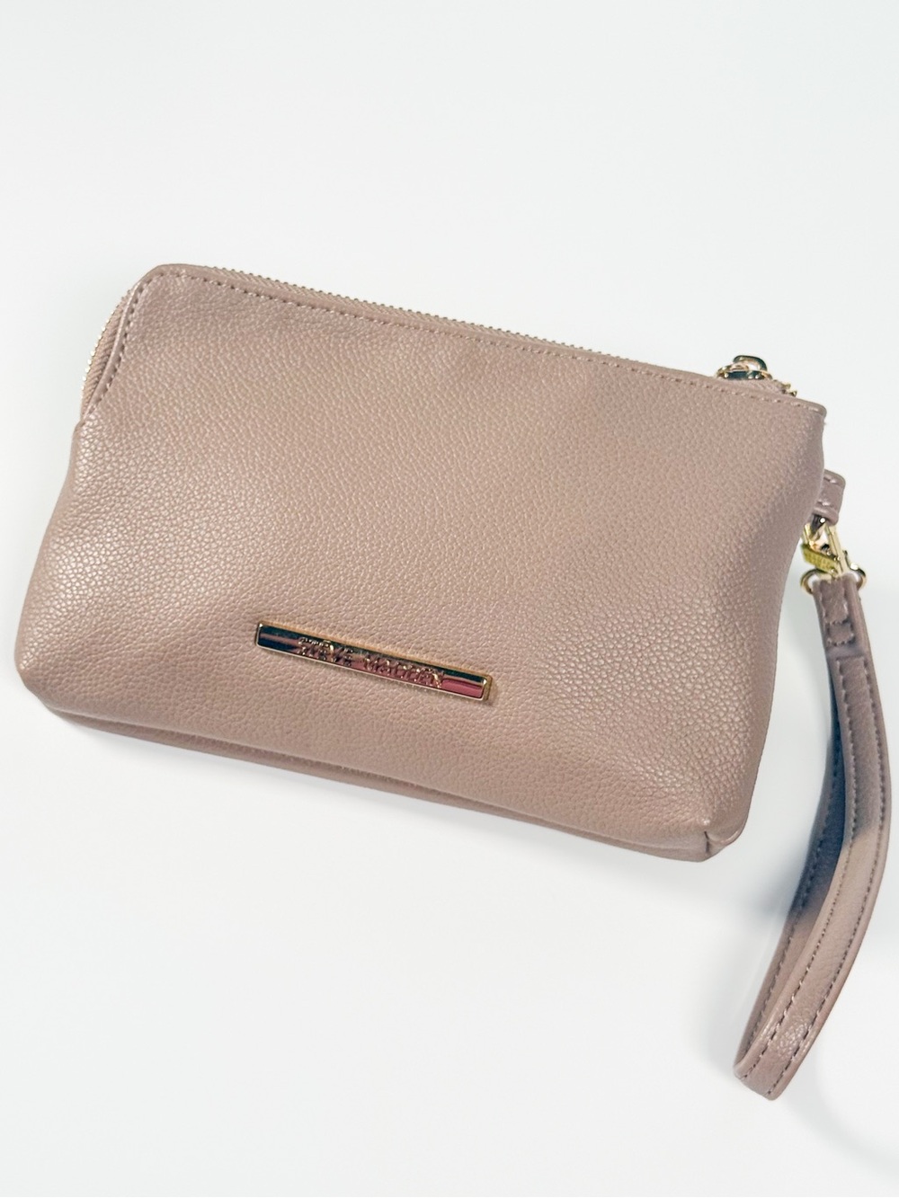 Steve Madden Double Zip Wristlet Taupe Pebbled Gold Tone Hardware